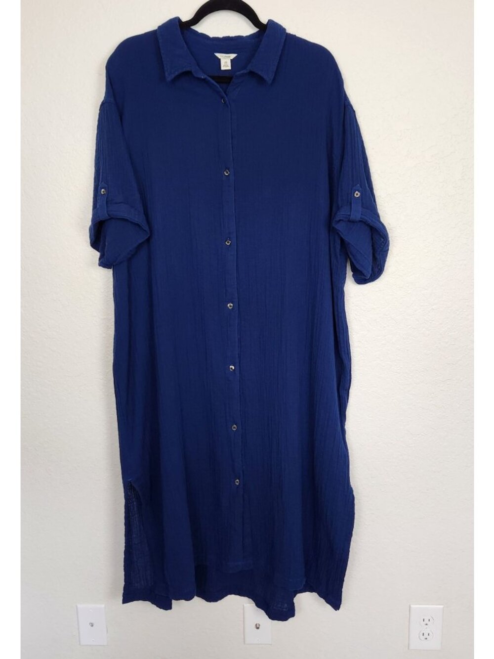LL Bean 100% Cotton Cloud Gauze Long Button Up Shirt Style Coverup Navy Blue 2XL